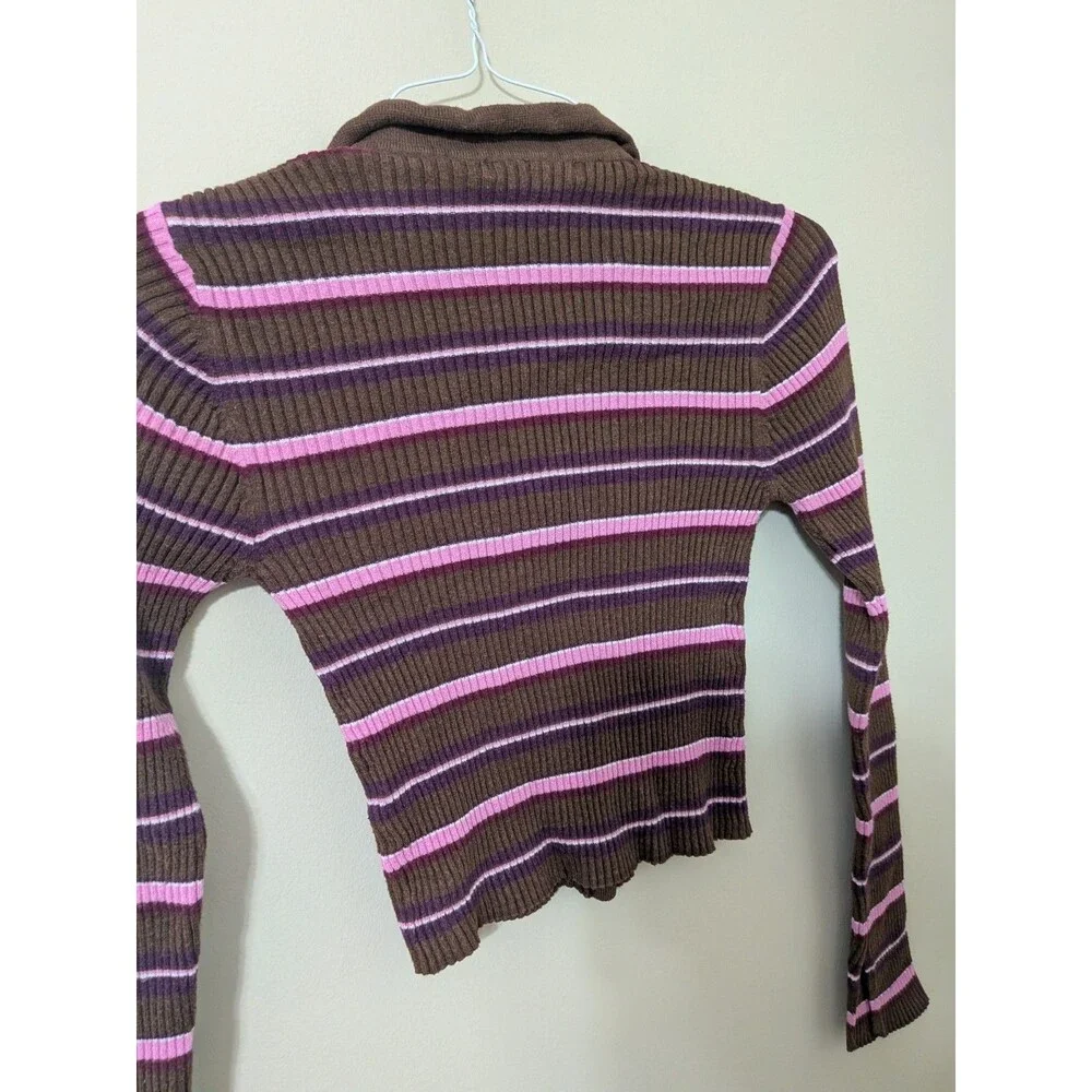 Y2K Brown & Pink Striped Ribbed Knit Polo Cardigan Crop Top